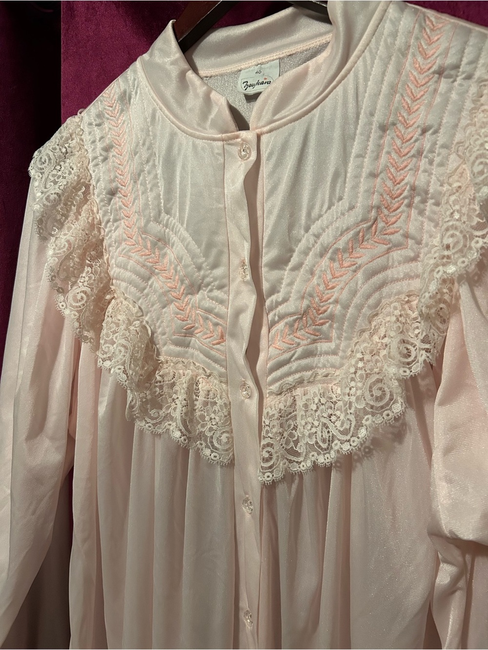 Vintage-Inspired Pale Pink Lace Yoke Button-Front Top